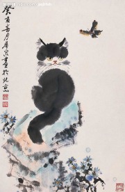 庞希泉现代国画~猫蝶图2