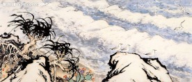 关山月现代国画~江岸鸥鸟