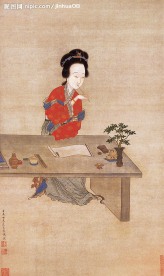 清仕女 吮笔敲诗图