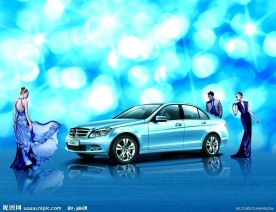 炫彩梦幻蓝奔驰与美女汽车海报图片