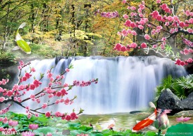 瀑布桃花
