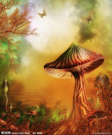 梦幻童话影楼背景 蘑菇树 蝴蝶 红叶