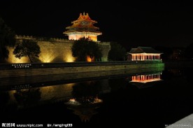 高清晰北京故宫八角楼护城河夜景