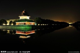 高清晰北京故宫八角楼护城河夜景