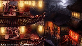 古代夜晚中城市的一角