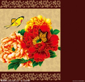 双蝶牡丹花牛皮纸袋