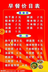 早餐价目表