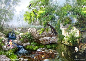 油画风景 山村油画