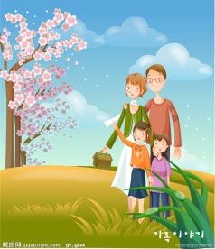 樱花盛开快乐幸福的一家人