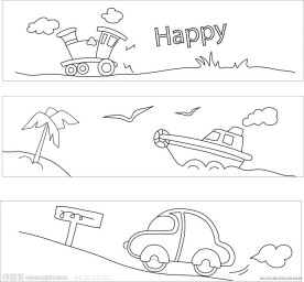 手绘插画 火车 油轮 轮船 小汽车