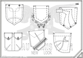 牛仔裤设计手稿车线贴袋