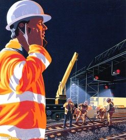 夜幕中施工的铁路工人