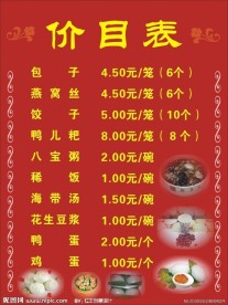面馆价目表