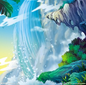 动漫场景瀑布山崖边