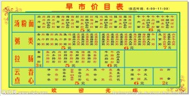 早餐价目表