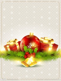 松树枝圣诞礼物金色铃铛矢量图