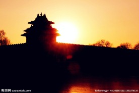 北京故宫护城河角楼日落