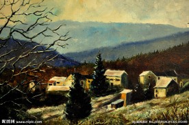 油画 深秋山村