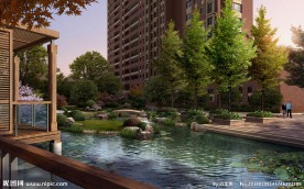 小区池塘边景观效果图