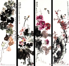 花鸟四屏图