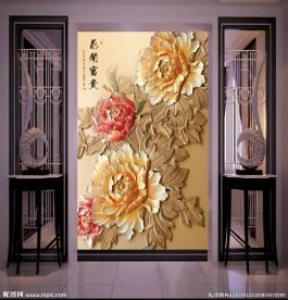 高清花开富贵玉雕牡丹玄关壁画