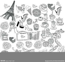 法国巴黎矢量素材线稿元素 分层