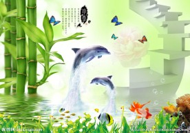 3D立体空间楼梯水中倒影海豚竹