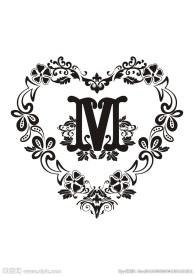 欧式手绘心形M字母环绕花纹