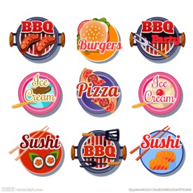 圆形美味食物标签矢量图