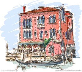 水彩绘楼房与船矢量素材