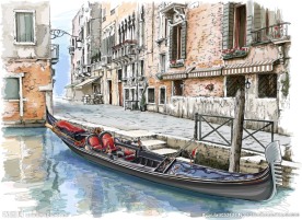 水彩绘水上城市矢量素材