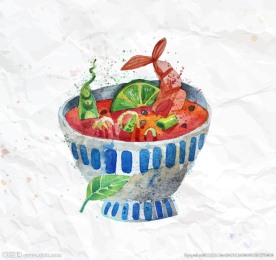 水彩绘冬荫功汤矢量素材