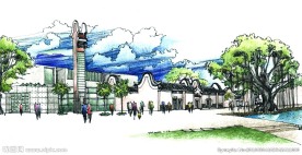 广州大学城北村口广场透视手绘图