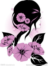 矢量紫色花朵黑白美女人物