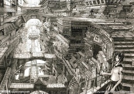 黑白素描古镇建筑学生妹风景画