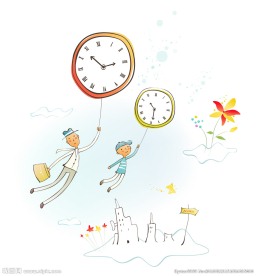 抓着钟表飞翔的矢量卡通手绘人物