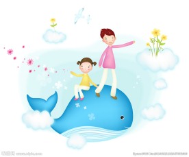 站在鲸鱼身上的矢量卡通父母