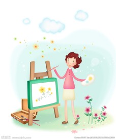 正在画画的矢量卡通女性