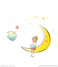 坐在月亮上的矢量卡通手绘女孩