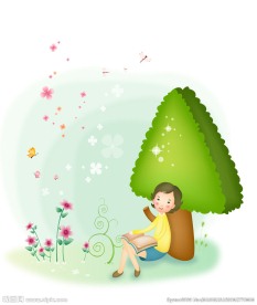 坐在树旁看书的矢量卡通女性