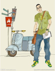 站在摩托车旁的矢量男性