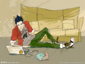 坐在地板上玩电脑的矢量男性