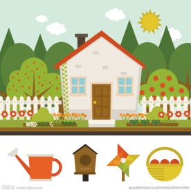 卡通带花园的房屋矢量图