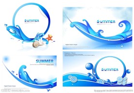 四幅蓝色 海浪边框背景