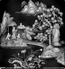 顶箱柜上门板山水人物浮雕灰度图