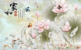 富贵荷花玉雕背景墙图片