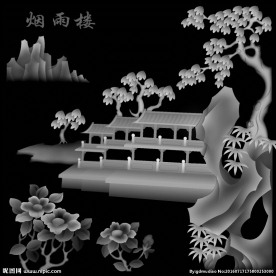 烟雨楼风景灰度图