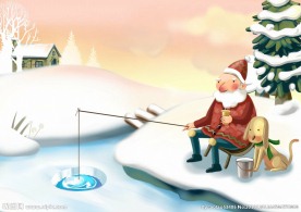 卡通雪景圣诞老人钓鱼