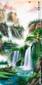 中式山水瀑布玄关背景墙