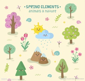 可爱春季树木和蜗牛自然元素矢量